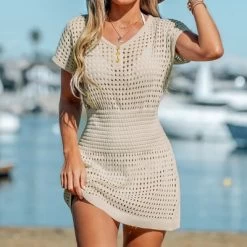 Women's Crochet Knit Cutout V-Neck Cover-Up Mini Dress - Cupshe