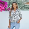 Women's Long Sleeve Shirts Blouse Animal Print Tops - Cupshe -White/Black