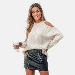 Women's Checker Cutout Shoulder Long Sleeve Sweater - Cupshe -Cupshe GUEST 47d1f3f5 2ba9 4761 b84e ca280c97c6ae