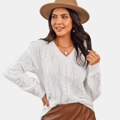 Women's Cable Knit V-Neck Sweater - Cupshe -Cupshe GUEST 481af948 bc6b 4ec4 a7be cc259e8cabe3