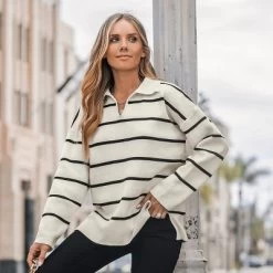 Women's Striped V-Neck Collar Sweater - Cupshe -Cupshe GUEST 4f3e292c 405b 4955 af80 31758b49329c
