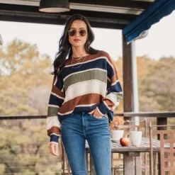 Women's Striped Drop Shoulder Sweater - Cupshe