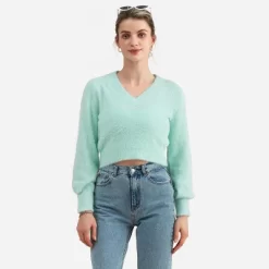 Women's V Neck Pull Over Crop Long Sleeve Sweater - Cupshe -Cupshe GUEST 7c089951 4560 455d 987a addf35191152