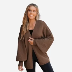 Women's Espresso Open-Knit Gigot Sleeve Cardigan - Cupshe -Cupshe GUEST 7f529262 55ad 40e0 ab49 34356487ebef