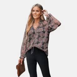 Woemen's Watercolor Floral Print Tie Neck Top - Cupshe -Cupshe GUEST 8625d81e 66f2 4257 a42f 437376ca4032