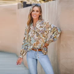 Women's Paisley Print Lace-Up Front Top - Cupshe