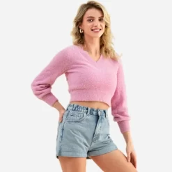 Women's V Neck Pull Over Crop Long Sleeve Sweater - Cupshe -Cupshe GUEST 9c1b4330 af0d 4b23 af76 6ccf3a1fc281