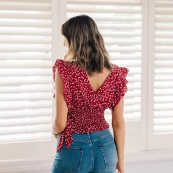 Women's Ruffle Lace Up Smocking Blouse - Cupshe