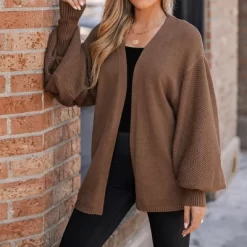 Women's Espresso Open-Knit Gigot Sleeve Cardigan - Cupshe -Cupshe GUEST ea09e489 4243 4c31 beb3 23bf63df405a