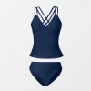 Women's V Neck Ruched Double Crisscross Tankini Set - Cupshe- Blue -Cupshe GUEST f5393b82 f756 4698 a006 4bd5d691bf71