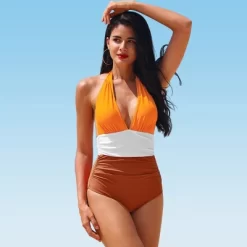 Women's Colorblock Halter Backless Ruched One Piece Swimsuit - Cupshe -Cupshe GUEST fbfe5737 1b15 451e 9cd1 9d01d3d3a39b